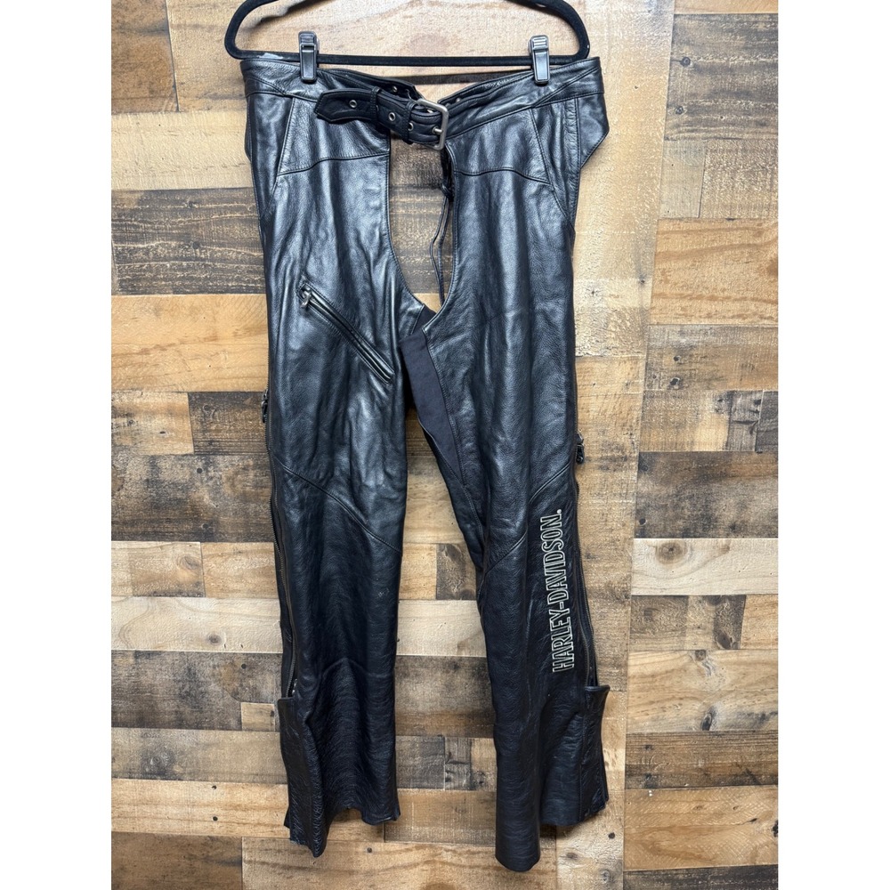 Harley Davidson Black Genuine Leather Motorcycle Chaps Embroidered Logo Mens‎ XL